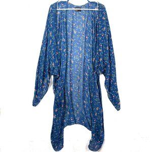 Free Press Floral Kite Sleeve Gauzy Kimono Swim Cover Up Womens Free Size Blue